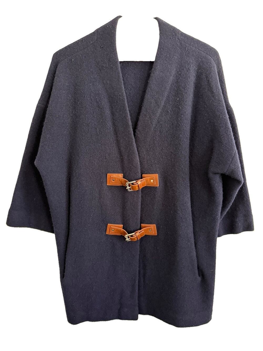 Michael Kors Navy 100% Wool Oversized Buckle Cardigan Sweater | size Large L